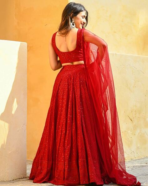 -473Wx593H-700382505-red-MODEL3 Women Embellished & Embroidery Lehenga Choli Set with Dupatta